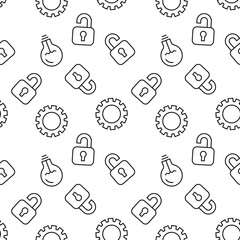 Monochrome vector seamless pattern of cogwheel, lock, lightbulb for web sites and polygraphy