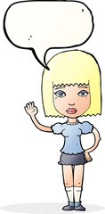 cartoon woman waving with speech bubble