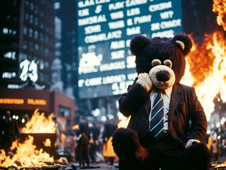 Desperate Bear BUSINESS MAN AT black Monday stock market, wall street, chaos and fire flames. Bear market, Market crisis, economic crisis, hard landing, recession, high interest rate. - obrazy, fototapety, plakaty