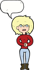 cartoon worried woman with speech bubble
