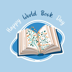 Postcard for world book day. Open book to read in flat design style with plants. Vector.