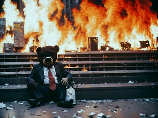 Desperate Bear BUSINESS MAN AT black Monday stock market, wall street, chaos and fire flames. Bear market, Market crisis, economic crisis, hard landing, recession, high interest rate.