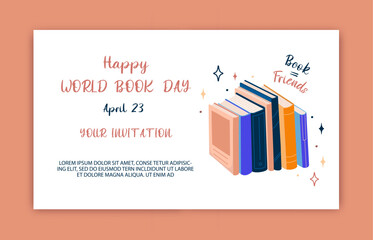 Banner template for world book day. Stack of books to read in flat design style.