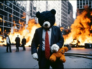 Desperate Bear BUSINESS MAN AT black Monday stock market, wall street, chaos and fire flames. Bear market, Market crisis, economic crisis, hard landing, recession, high interest rate.