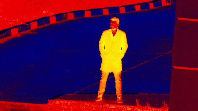 An intelligent bearded mature man in a short coat is waiting for someone. Analog of infrared scanning.