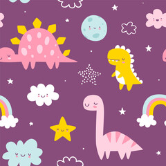 Fototapeta na wymiar Cute pattern with sleeping dino in the sky. Seamless print with cute dinosaurs for baby girls bedding and pajamas.