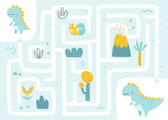 Mini labyrinth game with cute dinosaur mother and her baby dino. Vector maze with cartoon friendly dino for kids. © Sonium_art