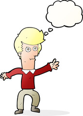 cartoon man waving with thought bubble