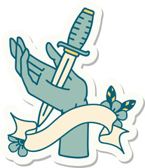 tattoo sticker with banner of a dagger in the hand