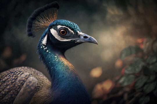 A picture of a beautiful peacock in the wild. Peacock in more detail. Portrait animal. Generative AI