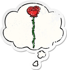 cartoon flower and thought bubble as a distressed worn sticker