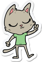sticker of a calm cartoon cat giving peace sign