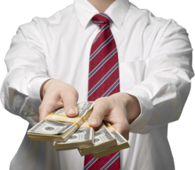 Business man holds stack Paper Currency