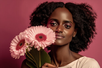 Woman with a charming smile holding pink gerberas, natural makeup complementing her style.