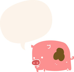 cartoon pig and speech bubble in retro style