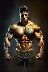 Fototapeta na wymiar Bodybuilder with dramatic lighting showing off muscular physique, symbolizing strength and hard work.