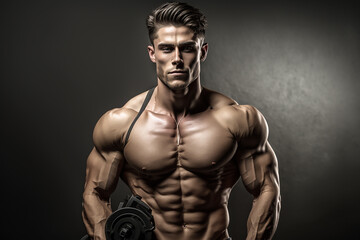  Portrait of an athlete on a dark background.Ripped athlete with dumbbell standing confidently, embodying peak physical fitness and dedication.