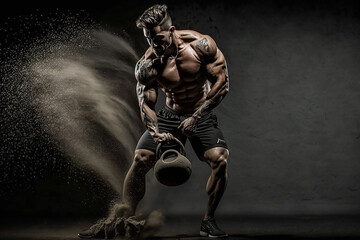 Fototapeta na wymiar Muscular man lifting a heavy kettlebell with dynamic powder explosion, showcasing extreme strength.