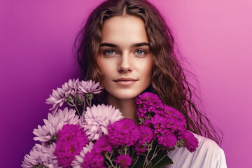 Naklejka premium Young woman with a serene expression holding a bouquet of purple flowers, depicting natural beauty.