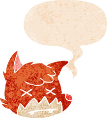 cartoon dead fox face and speech bubble in retro textured style