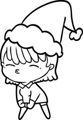 line drawing of a woman wearing santa hat