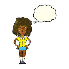 cartoon woman been in fight with thought bubble