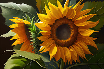 Wonderful Sunflowers are characterized by the turn of the inflorescences to turn in the direction of the sun. Generative Ai