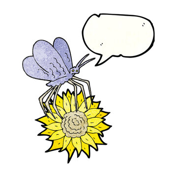 speech bubble textured cartoon butterfly on flower