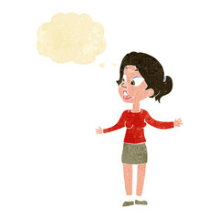 cartoon pretty woman explaining something with thought bubble