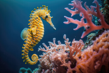Image for 3d floor. Underwater world. Seahorse. corals. (ai generated) - obrazy, fototapety, plakaty