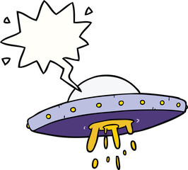 cartoon flying UFO and speech bubble