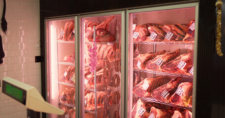 Beef steaks in dry aged meat aging in refrigerating cabinet. Dry aging meat in cold storage. Dry-aged cuts of raw meat, aged beef for steaks.