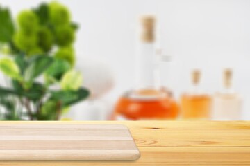 Empty wooden desk for display on room background