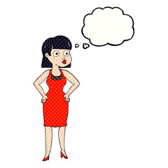 thought bubble cartoon woman in dress with hands on hips