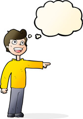 cartoon man pointing and laughing with thought bubble