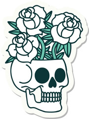 tattoo style sticker of a skull and roses