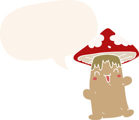 cartoon mushroom character and speech bubble in retro style