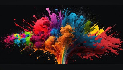 Obraz na płótnie Canvas A colorful explosion of paint is shown on a black background. Generative AI