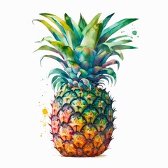 Watercolor illustration of a pineapple on white background. Generative AI art.