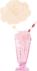 cartoon milkshake and thought bubble in retro textured style