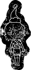 cartoon distressed icon of a crying vampire girl wearing santa hat