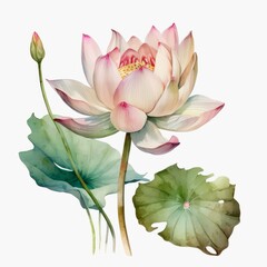 Watercolor illustration of a lotus flower on white background. Generative AI art.