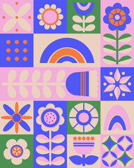 Modern abstract geometric background. Minimalistic colorful pattern tile design. Vector illustration. Set flower, figures, drawing, elements and forms. Hand drawn style