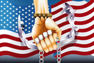 Juneteenth design background illustration with strong fist hand breaks chain. Generative Ai