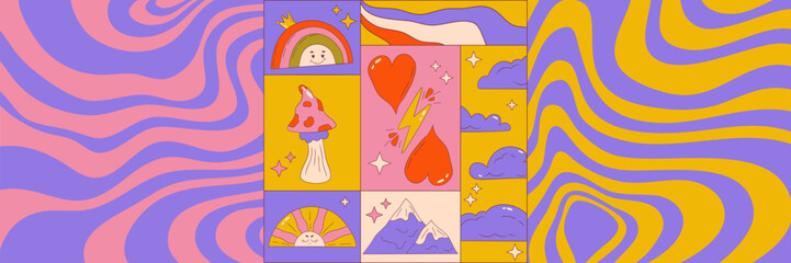 Trippy graphic poster set with retro groovy elements. Poster square with rainbow, heart, sun and wave. Trippy groovy 70s graphic. Cartoon vector illutration