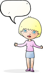 cartoon woman shrugging  with speech bubble