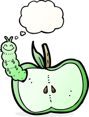 cartoon apple with bug with thought bubble