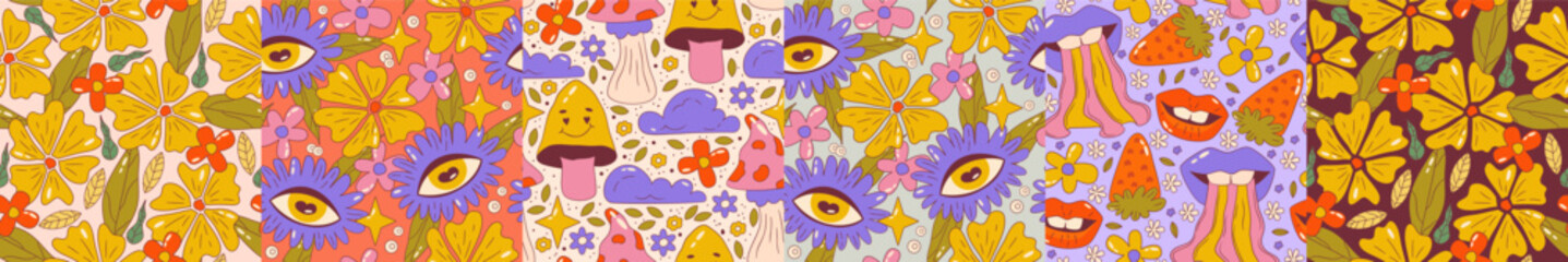 Trippy groovy flower seamles pattern set. Retro groovy floral pattern with daisy, eye, mushroom and cloud. Psychedelic cartoon design. Summer seamless background. Vector illustration
