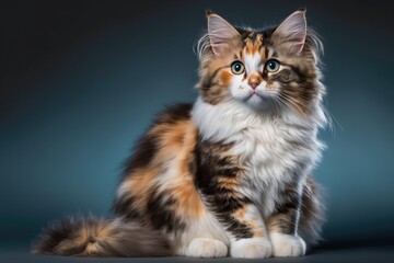 Plakat Front view of a fluffy cat looking at the camera on a blue background. Young calico or torbie cat with long hair sitting in front of a colored background with space to write. 10 month old female kitte