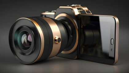Fototapeta Smartphone with lens of proffesional camera. 3d rendering. Generative AI technology. obraz